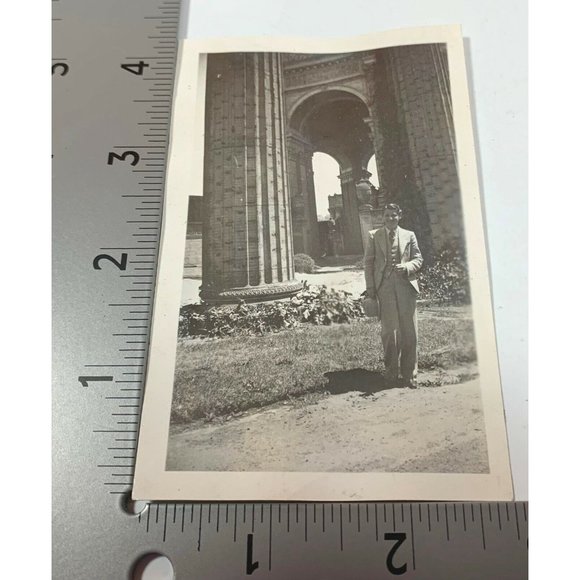 Found Photo Sharp Dressed Man Standing at Cathedral Museum 1930s Vintage - Picture 2 of 5